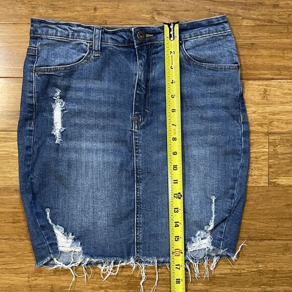 Wax Jean Distressed Denim Mini Skirt Women's Small Blue Wash Raw Hem Rockabilly - Picture 8 of 8